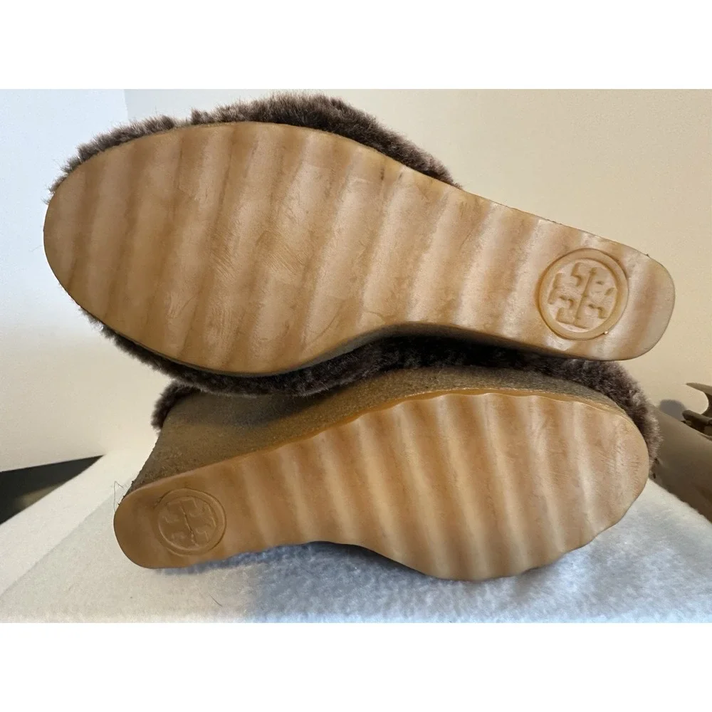 Tory Burch Womens 7 Kiki Sheep Shearling Fur Wedge Heel Boots Brown Pull On
